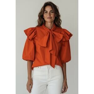 Tanya Taylor Daisy White Poplin Puff Sleeve Tie Neck Blouse Size 8